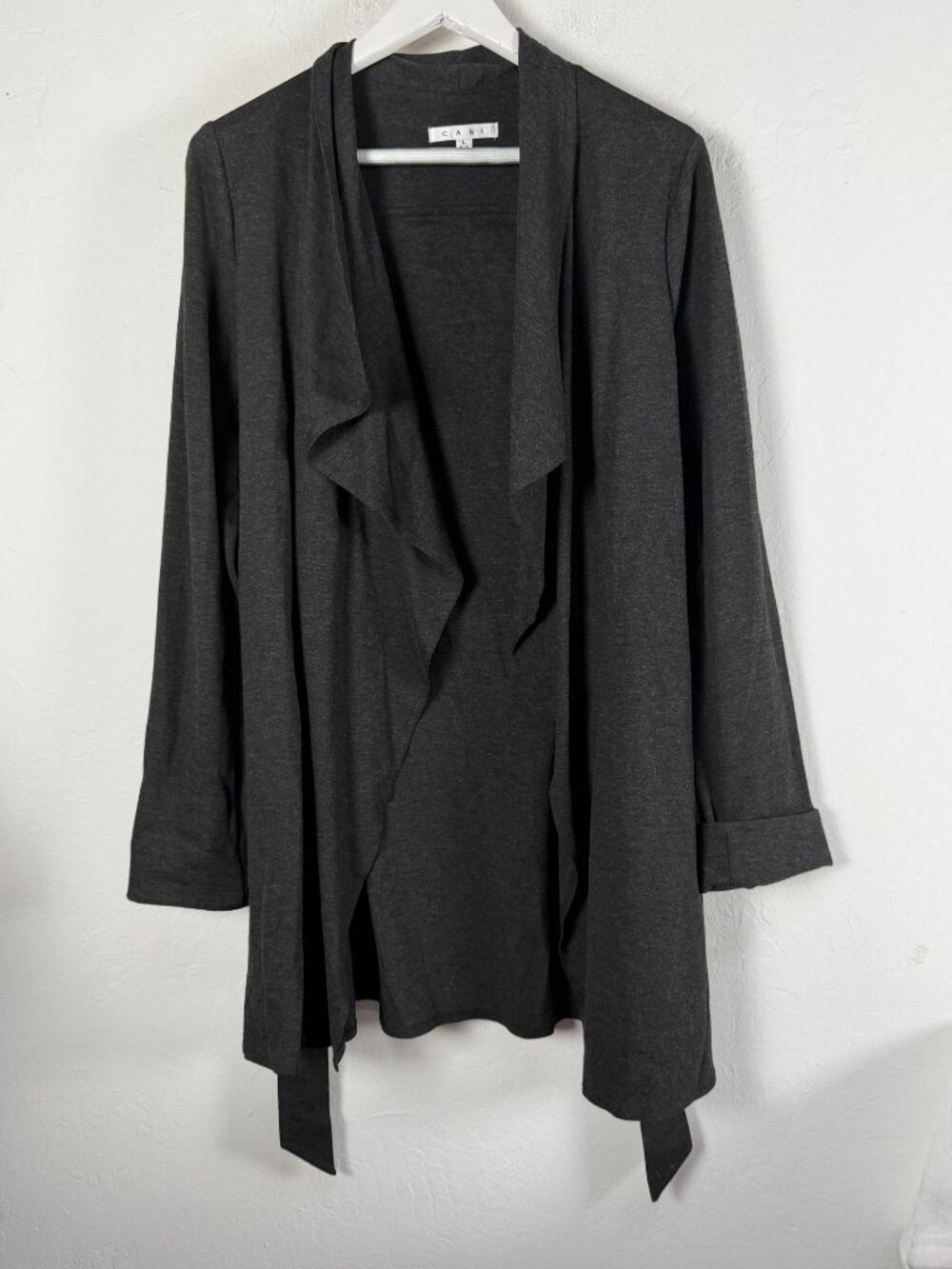 CAbi Womens Charcoal Gray Draped Open Front Tie Waist Knit Cardigan Jacket Large